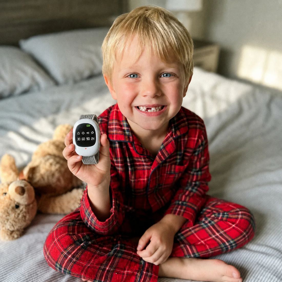 A smiling boy in red plaid pajamas sitting on his bed, holding up the small vibrating alarm unit on its soft fabric band