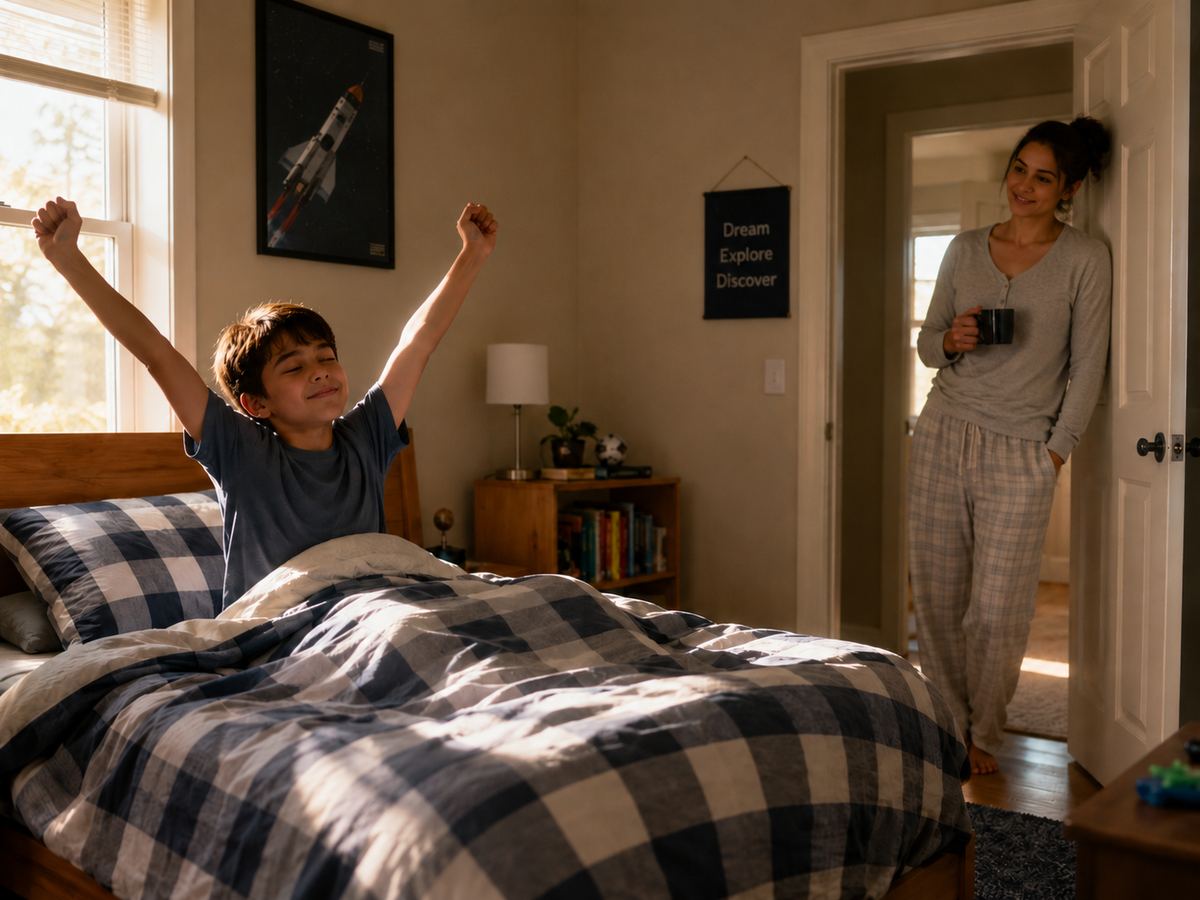 A boy stretching awake in a dry bed on a calm, sunlit morning while his mother watches from the doorway with a cup of coffee