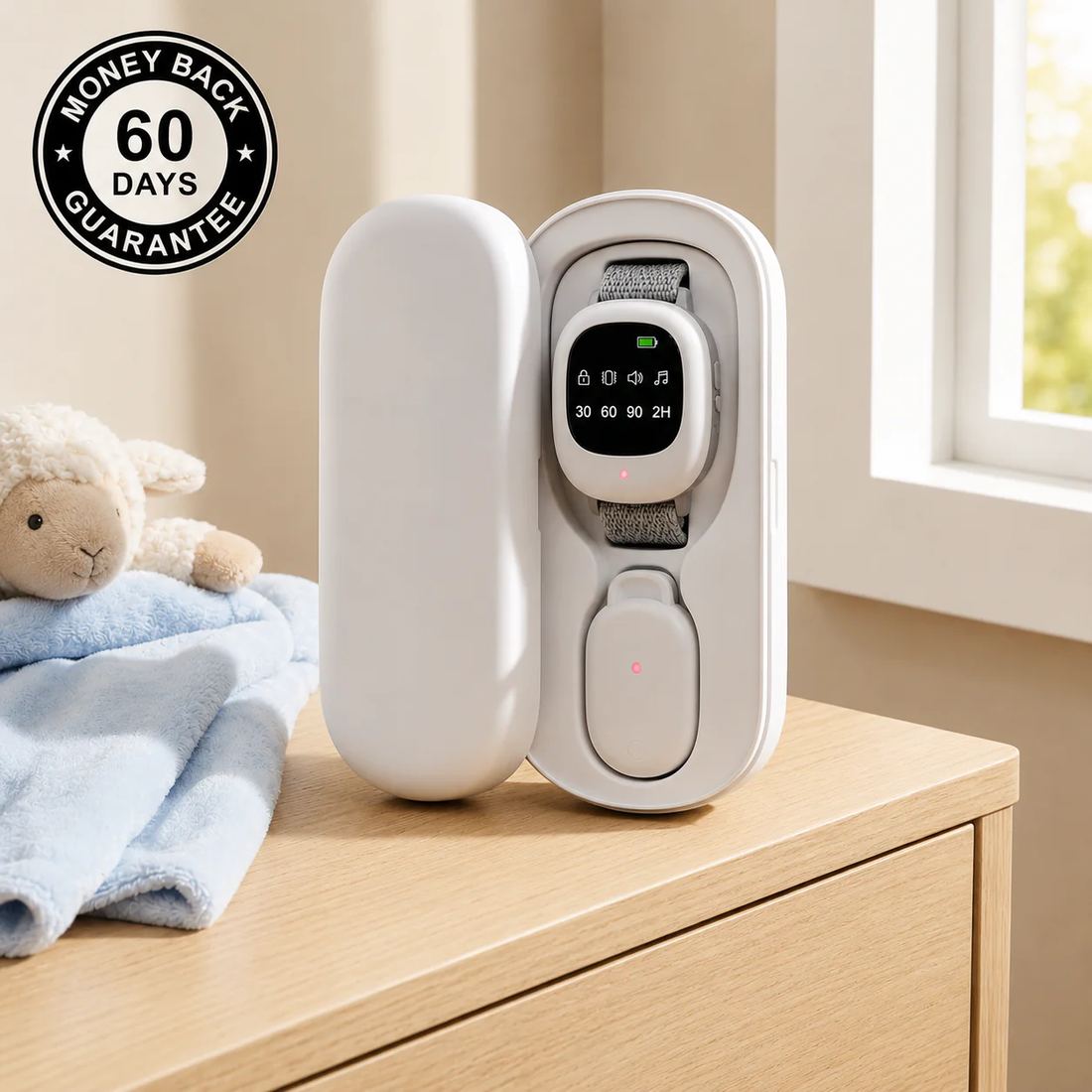 The DreemoCo alarm set in its open carrying case — vibrating armband and wireless sensor — with a 60-day money-back guarantee badge