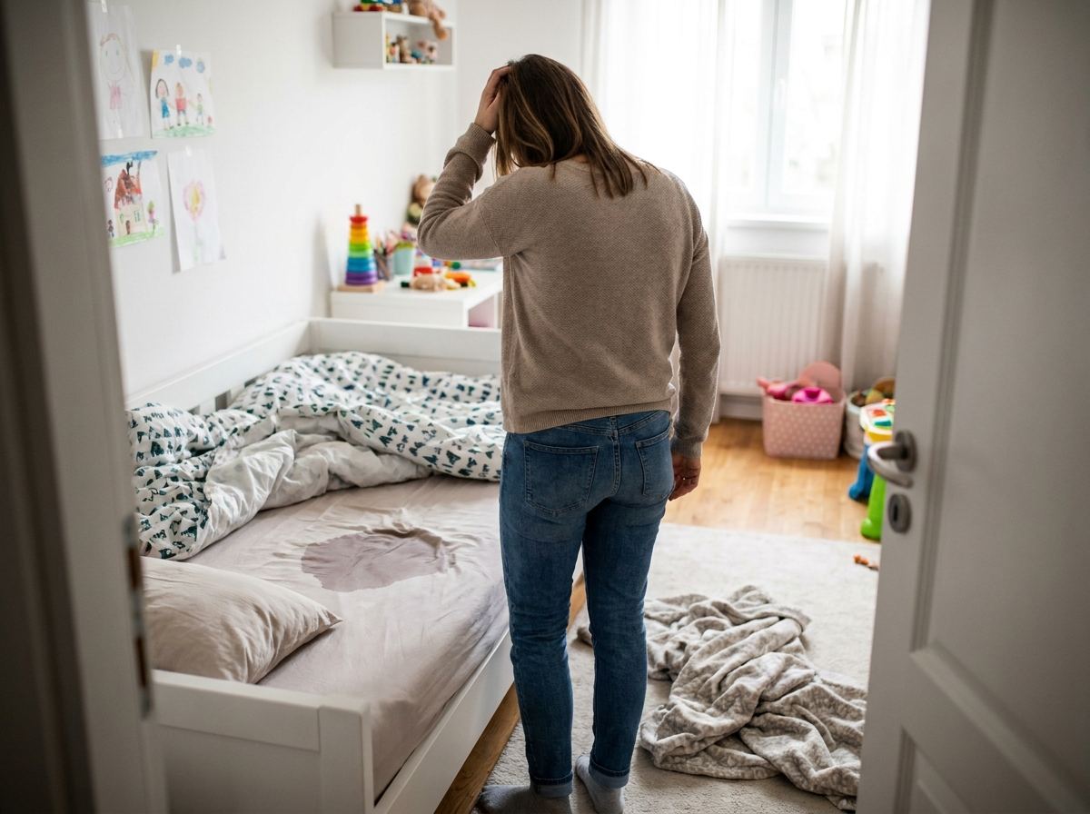 A tired parent standing over a child's bed with a wet spot on the sheets, hand on her head